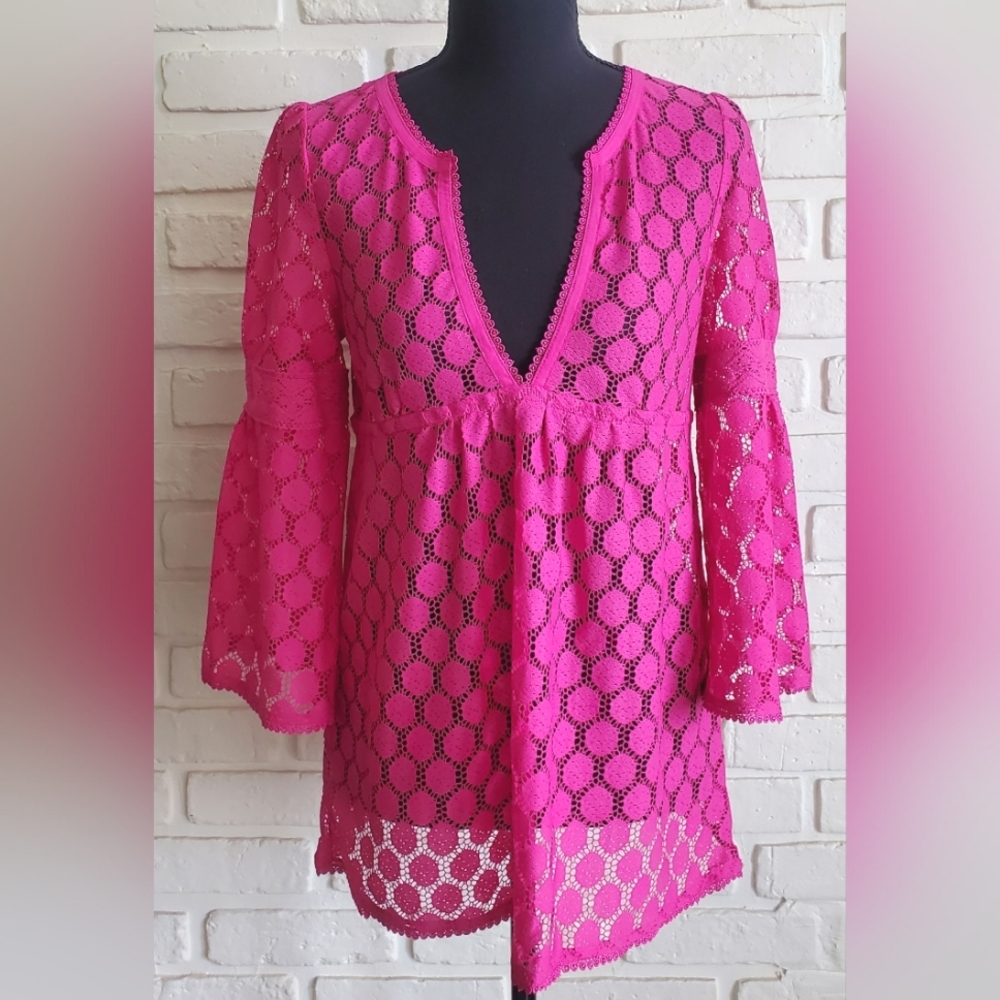 Loft Ann Taylor Eyelet Lace Crochet Babydoll Flowy Top Blouse 3/4 Bell Sleeves